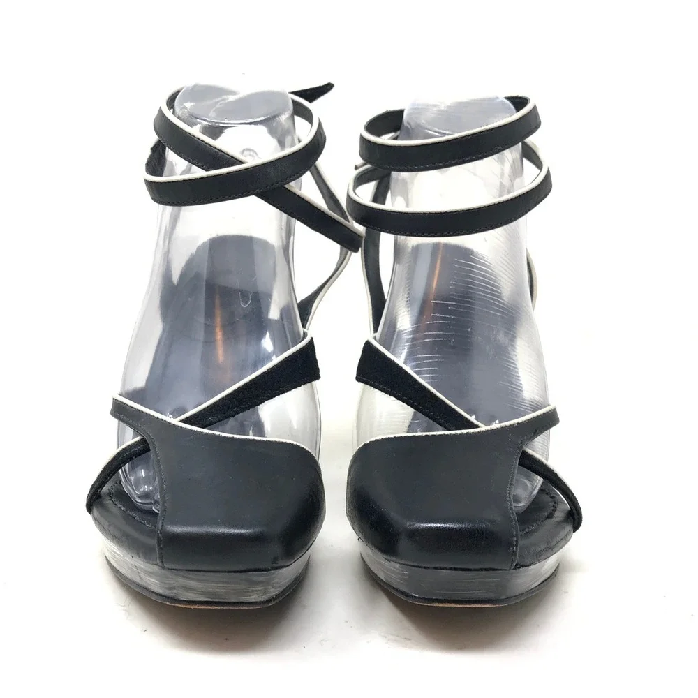 Max Azria Platform Pump Womens 36.5 Imogen Strappy Black White Leather Heel Y2K